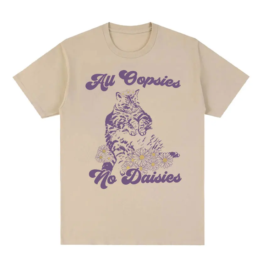 Женская и мужская Винтажная футболка, Повседневная футболка оверсайз из 100% хлопка, с принтом «Кот», без маргариток