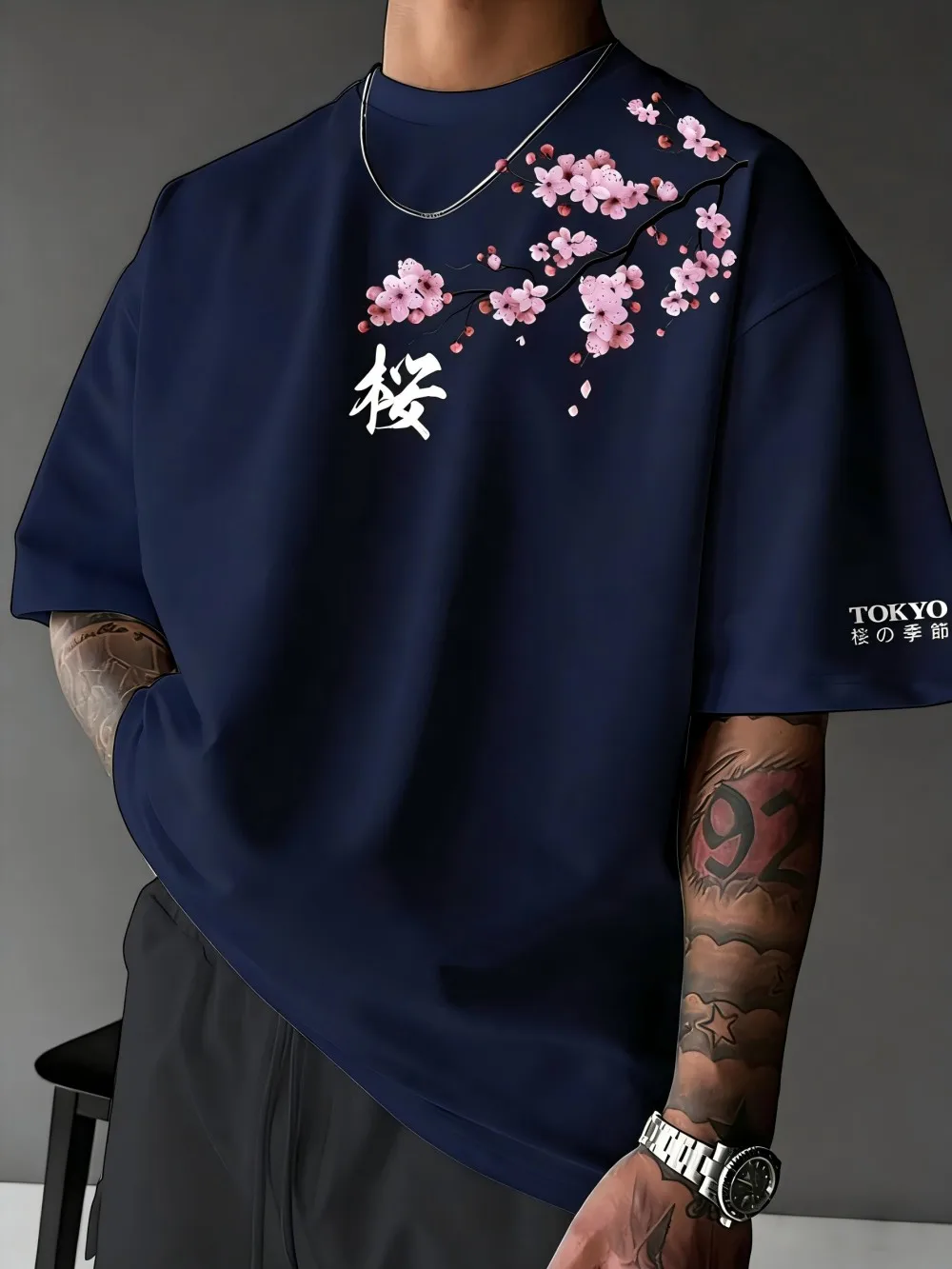 Europäisches und amerikanisches Herren-Sommer-T-Shirt mit Kirschblüten-Print, bequem und atmungsaktiv, Rundhalsausschnitt, Outdoor-Street-Top