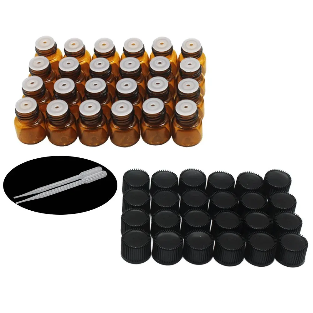 

1ML Amber Essential Oils Sample Bottles,Mini glass sample vial with lids, Orifice Reducers, and 2 Transfer Eye droppers-24 Pcs