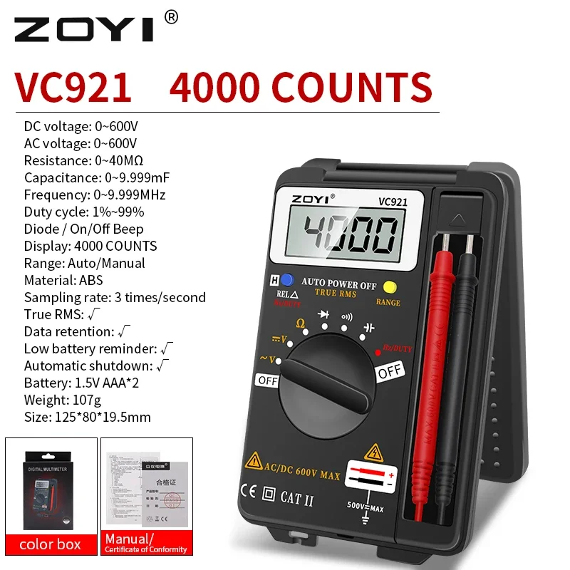 Handheld Pocket Capacitance Resistance Frequency Tester Digital Multimeter ZOYI VC921 3 3/4 Personal Mini