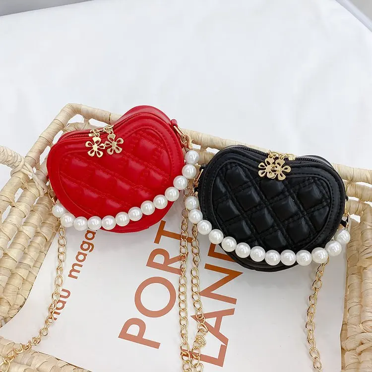 New Small Heart Coin Wallet Pouch Baby Girls Party Pearl Hand Bags Kids Purses Chic Crossbody Bag Ladies Chain Shoulder Bags