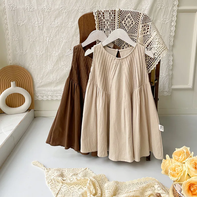 

Artistic Style Pleated Girls' Dress High Sense Baby Vest Skirt2024Summer Mori Simple Children's Skirt-MR