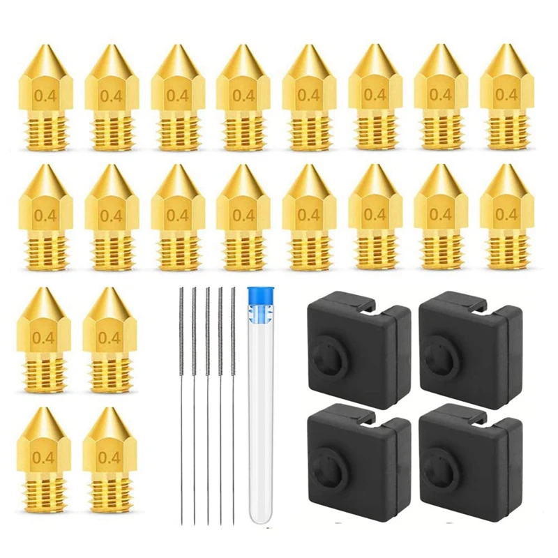 

3D Printer Nozzles 0.4MM MK8 Ender 3 Nozzles 20 Pcs With 4Pcs Heater Block Silicone Covers,For Ender 3 V2 With 5 Needles