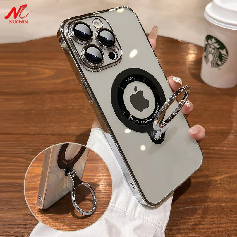 For iPhone 16 Pro Max Ring Holder Case Luxury Transparent Plating
