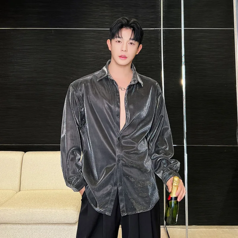 NOYMEI Male Top Futuristic Liquid Metal All-match Shiny Design Fashionable Loose Fitting Nightclub Style Men\'s Shirt WA2577