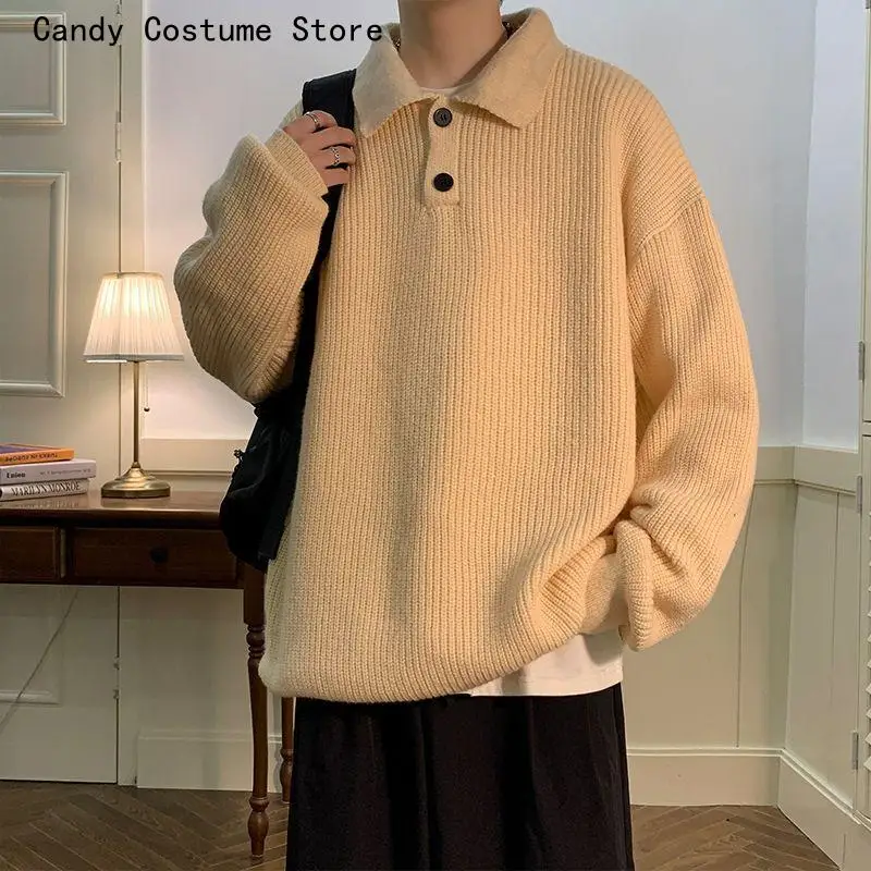 Knitted Sweater Men Japanese Lazy Style Polo Collar Sweater Men Retro Coffee Oversize Casual High Street Sweater Men Clothing