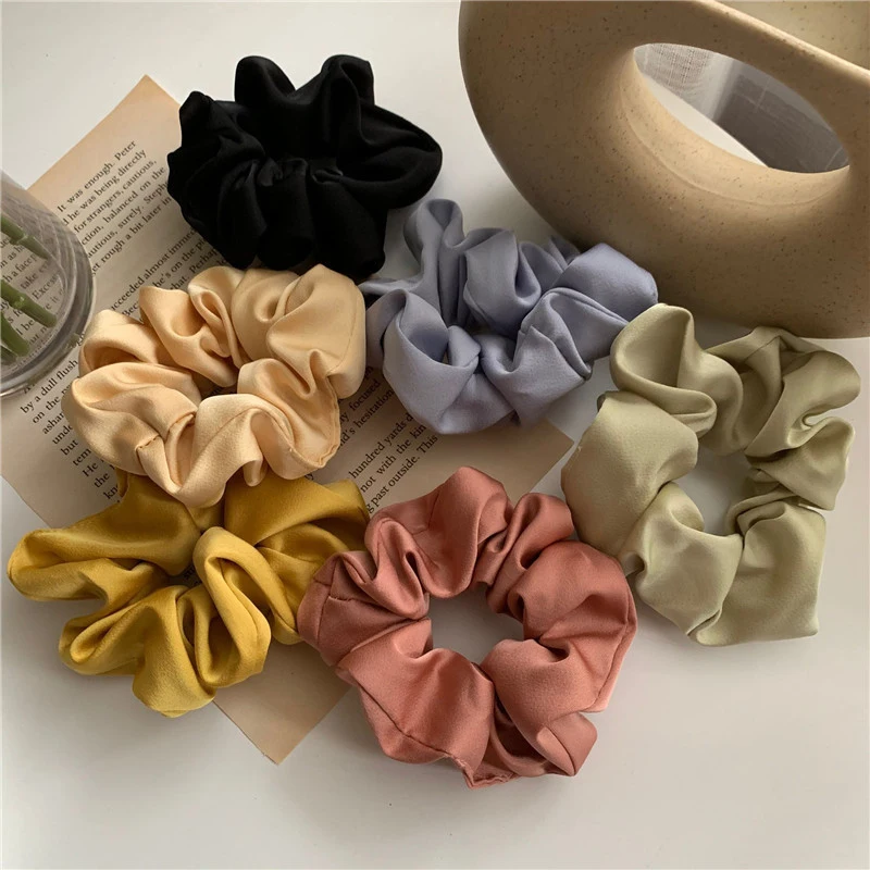 Silk Satin Scrunchies Headband Large Elastic Rubber Hair Band Women Gilrs Ponytail Holder Solid Color Hair Ties Accessories