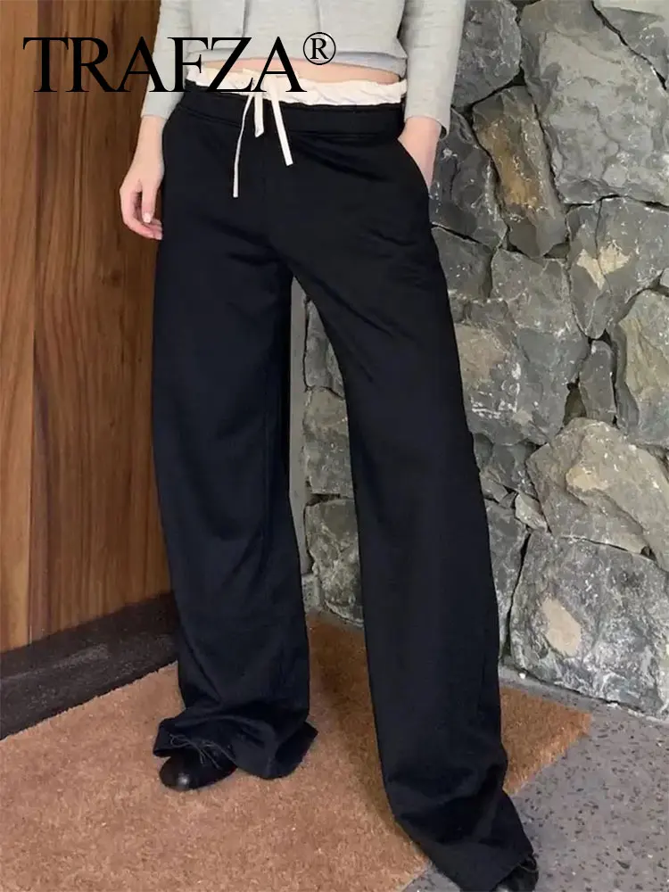 HH Women Casual Pant Waist Patchwork Wide Leg Pants Loose High Waist Splice Design Trousers Spring Woman Chic Pants