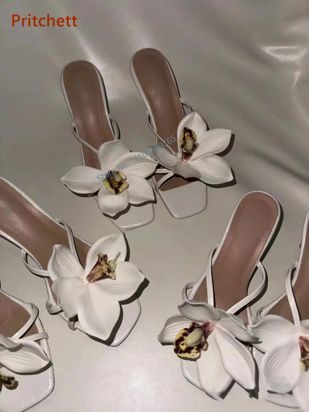 Flower Kitten Heels Slippers Square Toe Slingback Slip On Twist Stiletto Shoes Mixed Color Summer Lovely Vocation Party Shoes