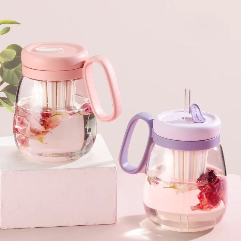 

450/850ml High Borosilicate Glass Water Bottle Office Coffee Tea Mugs with Tea Infuser Summer Cold Drink Cup with Straw