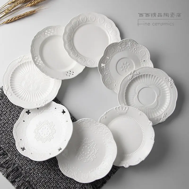 European style Relief Cake Dessert Plate Ceramic 6-inch Plate Disc Flat White Porcelain Home Dishes Dinner Plates