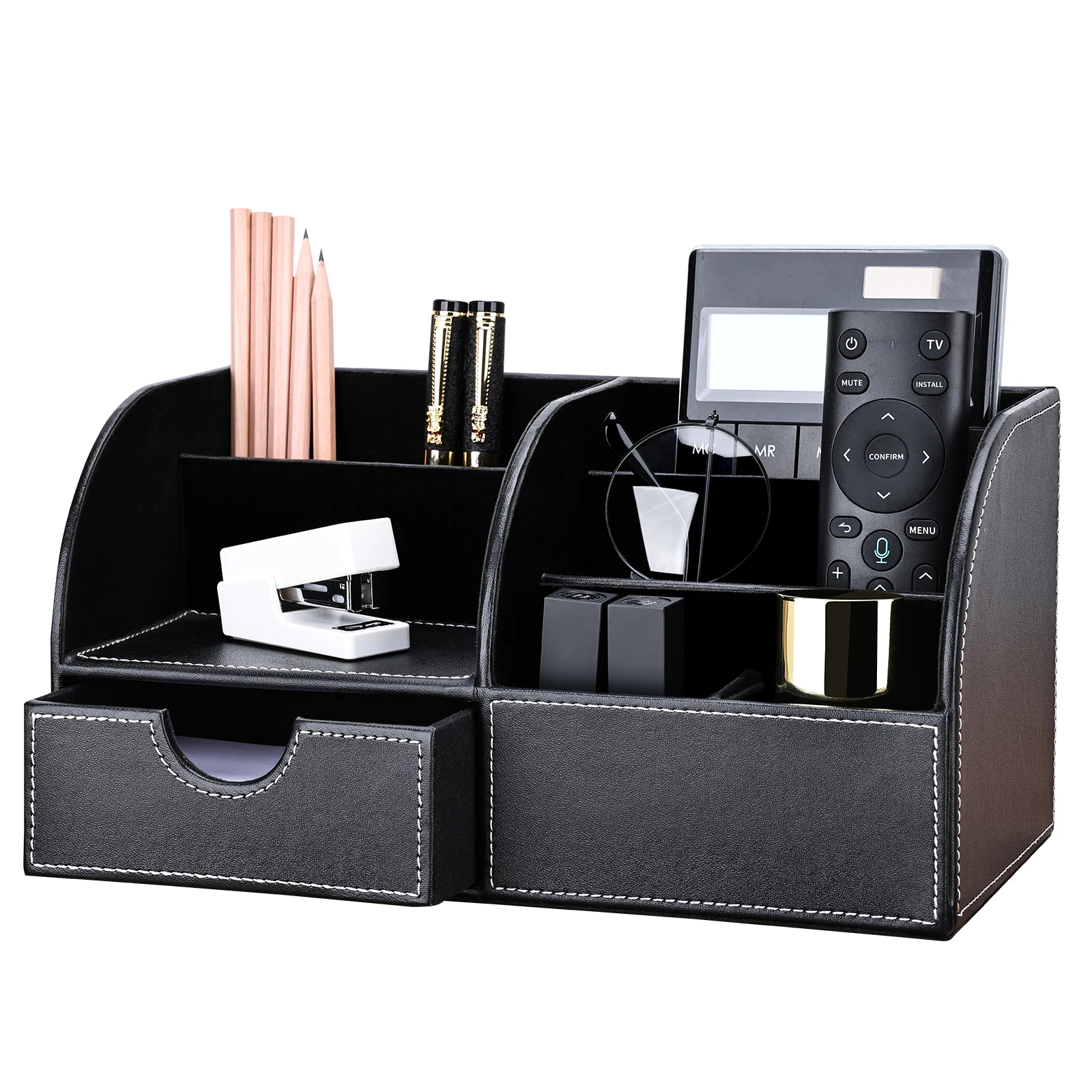 Half PU Leather Office Stationery Desk Organizer 6 Compartments Large Storage Boxes Wooden Pen Holder Pencil Organizer Case pen holder stationery organizer