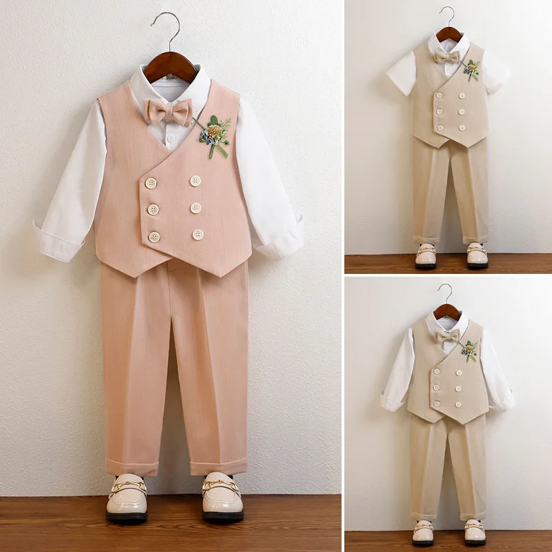 

Toddler Blazer Set Spring New British Style Gentleman Vest Suit for Boy Khaki Handsome Flower Child Wedding Costume Kids Clothes