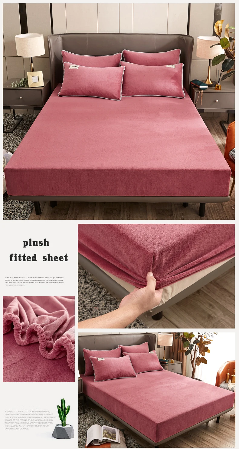 Description Picture 6 of itemWinter Plush Fitted Sheet Elastic Double Bed Sheet Warm Bedspread Solid Color Mattress Cover Bed Linen Protector (No Pillowcase)