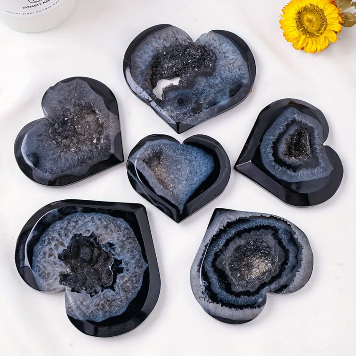 Black Agate Geode Heart Crystal - Natural Carved Palm Stone, Bohemian Home Decor, Love Pocket Gemstone for Crystal Collection 6