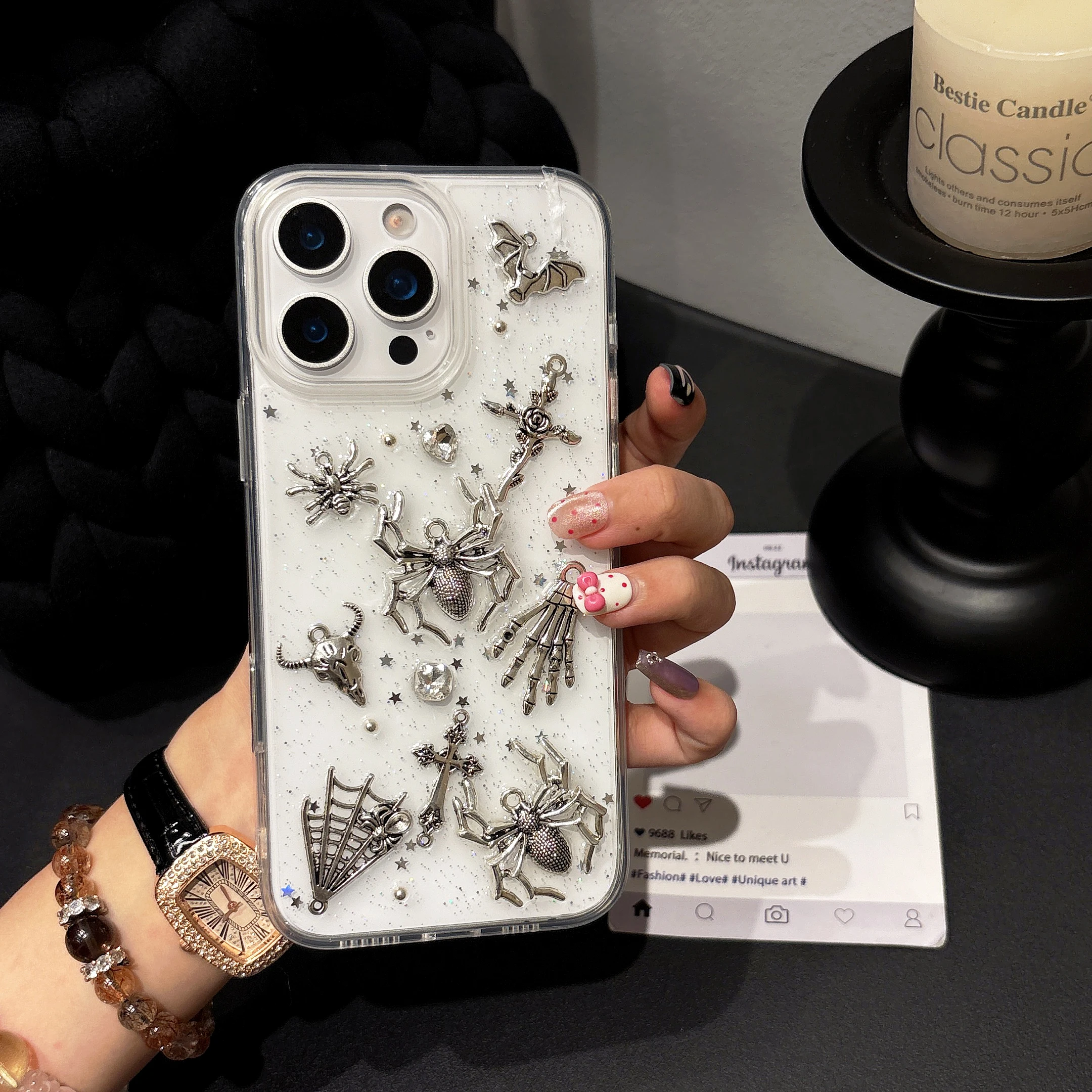 Retro Gothic 3D Metal Spider Phone Case with Angel Epoxy Design