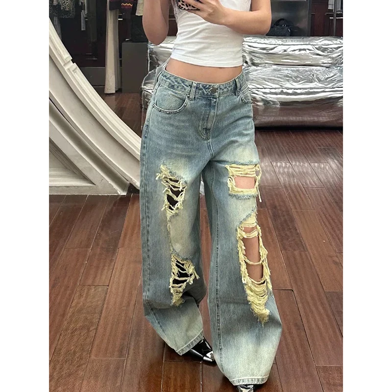 YIBASHU 2026 Summer Women's Ripped Denim Pants Y2K Men Wide Fit Baggy Jean Japanese Harajuku Jean Punk Tide Mom Jeans Boyfriend 3