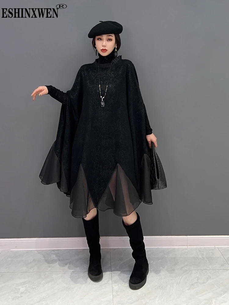 

Eshin Black Turtleneck Patchwork Gauze Long Sleeve Loose Mini Dress For Women 2023 Autumn Fashion Female New Dresses Wear TH845