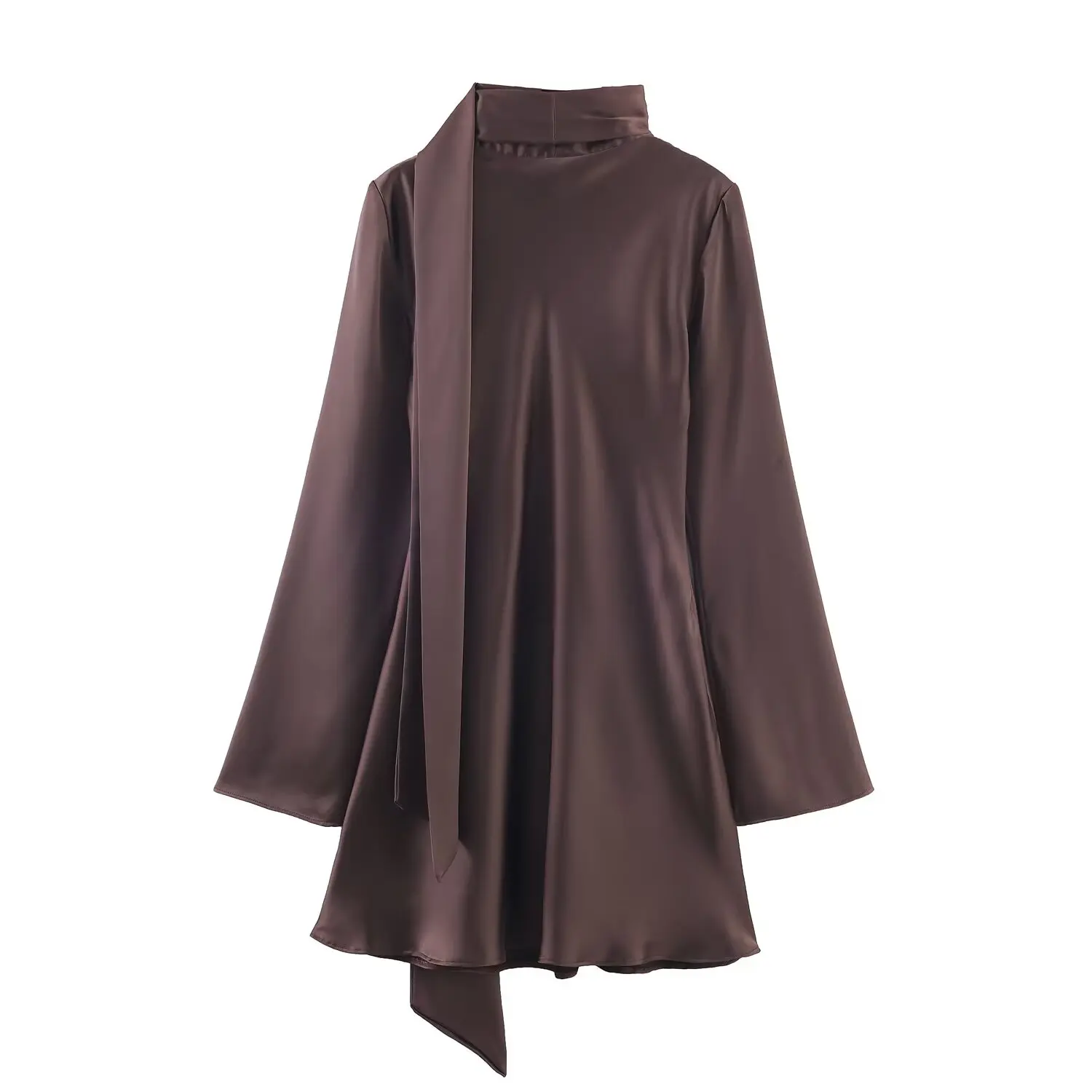 Women's V-Neck Silk Satin Irt Dress Female Slimming Scarf Collar Design Lady High-End Elegant Commuting Office Party Mini Dress