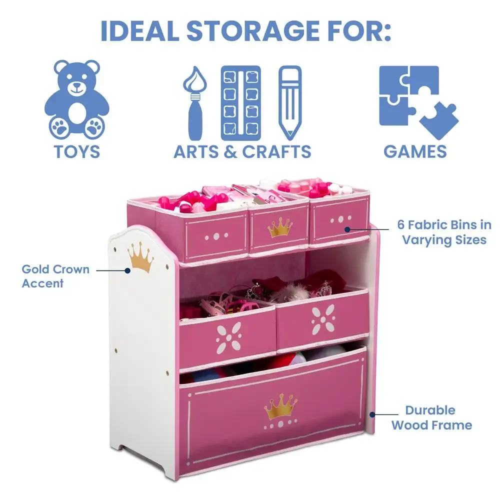 Princess Crown Multi-Bin Toy Organizer Storage Rack Kids 3  Metallic Gold Crown Emblems Easy Assembly Durable Wood and Fabric 6