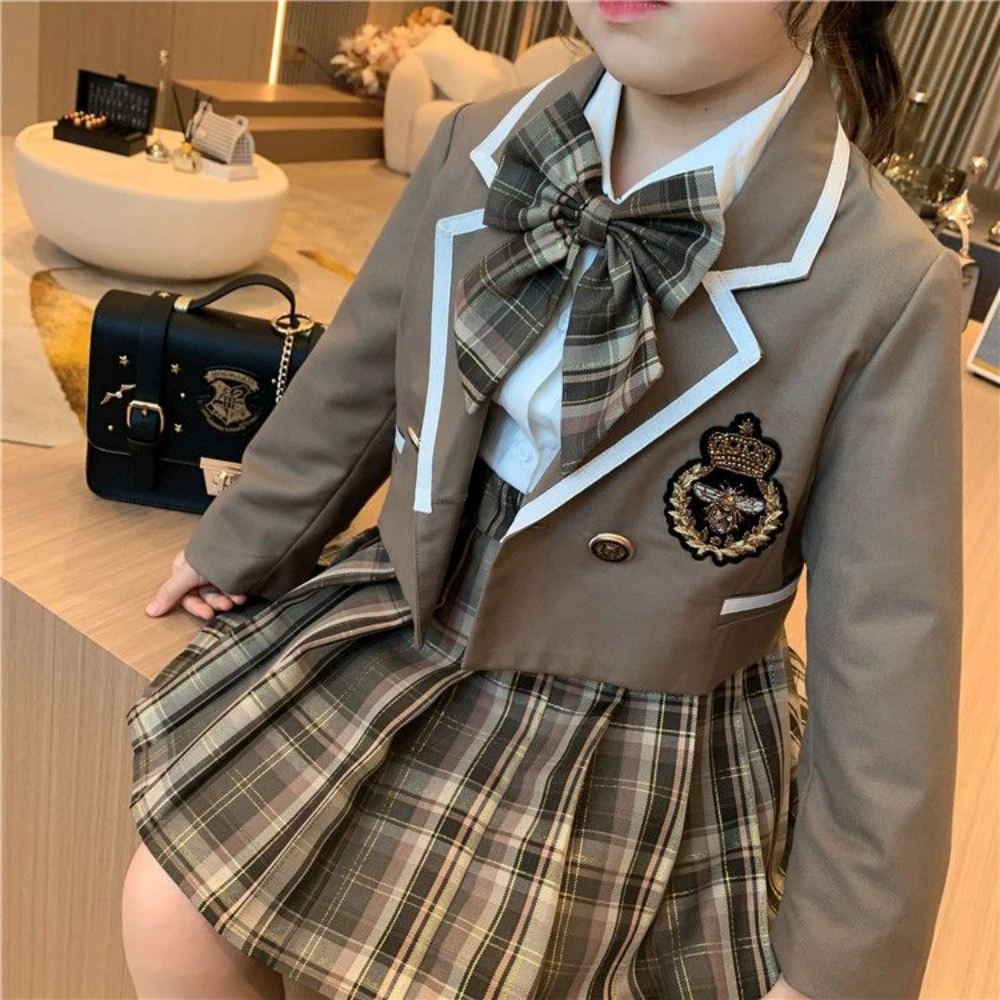 Preppy Style Girls Spring Autumn Casual 3ps Embroidery Printing Coat+Single Breasted White Shirt+Plaid Elastic Waist Mini Skirt