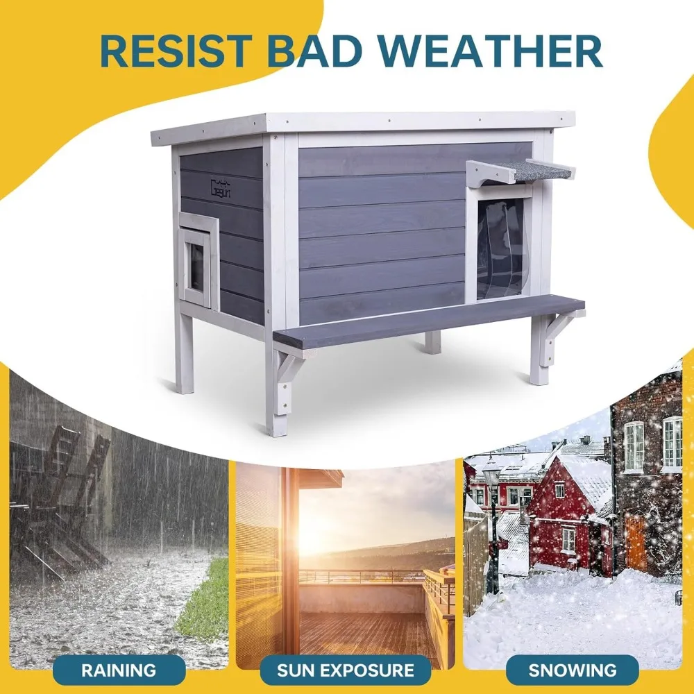 Insulated Cat House Outdoor Weatherproof Feral Cat Shelter for Winter Large Wooden Enclosure with Escape Door