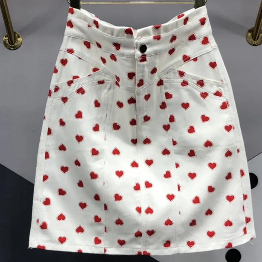 

Love Printed Summer Denim Skirts Women High Waist A-LINE Package Hip
