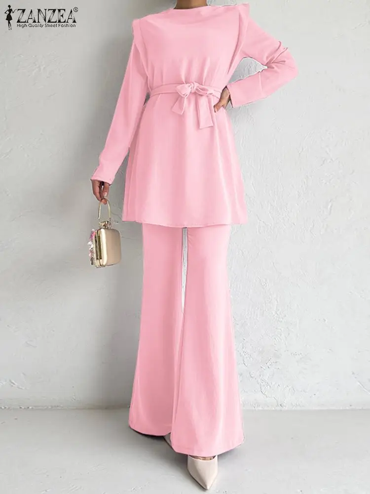 

ZANZEA Elegant Women 2PCS Pant Sets Ruffled Outfits Fashion Office Long Sleeve Tops Suit High Waist Flare Long Trouser Tracksuit