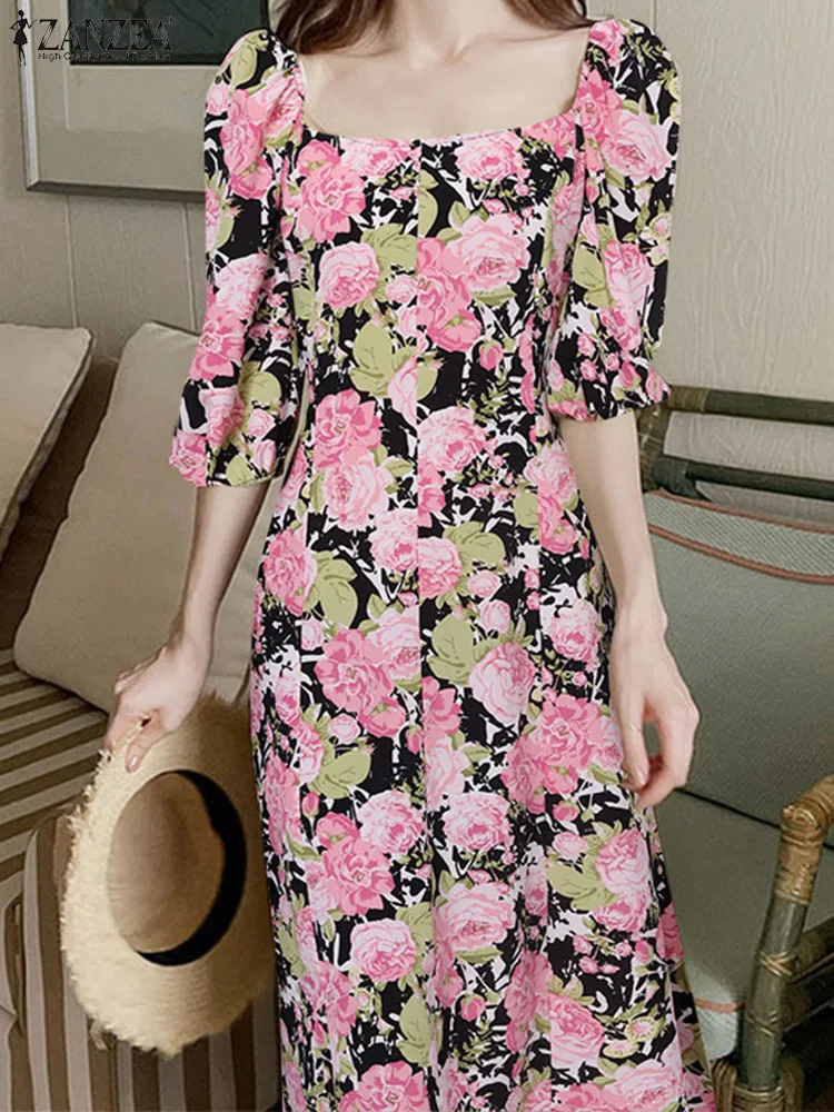 

ZANZEA Fashion Puff Sleeve Floral Print Long Dress Square Neck Lace Up Vacation Party Vestidos Bohemian Elegant Women Midi Dress
