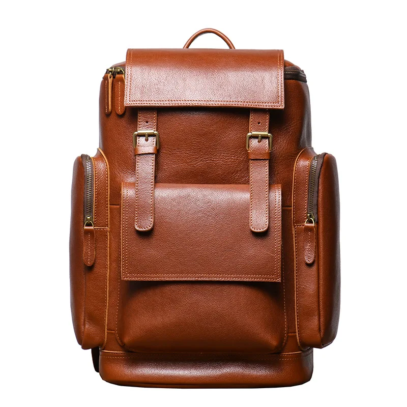Genuine Leather Men's Travel Backpack Vegetable Tanned Cowhide Multifunctional Laptop Bag