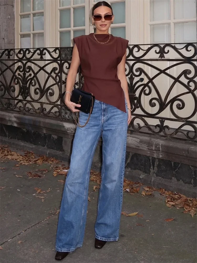 Spring Female Casual T-shirt Top Sleeveless Slim High Waist Cropped Solid Streetwear Y2k Top Women's Patchwork Tee 2025