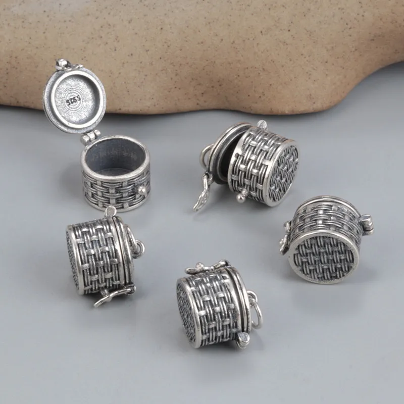 

Ethnic 925 Sterling Silver Gawu Box Basket Pendant for Women Retro Drum Bucket Woven Pendant Can Open Jewelry Making DZ008