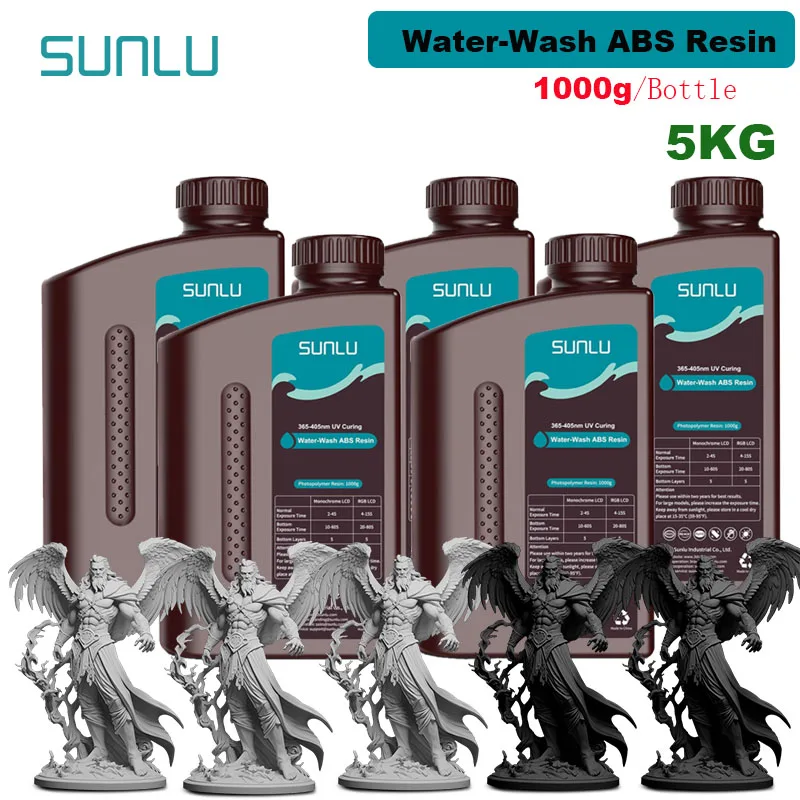 SUNLU 5KG résine ABS lavable à l'eau/lavable à l'eau 1000G/bouteille 405nm résine photopolymère à correction UV rapide pour impression LCD 3D