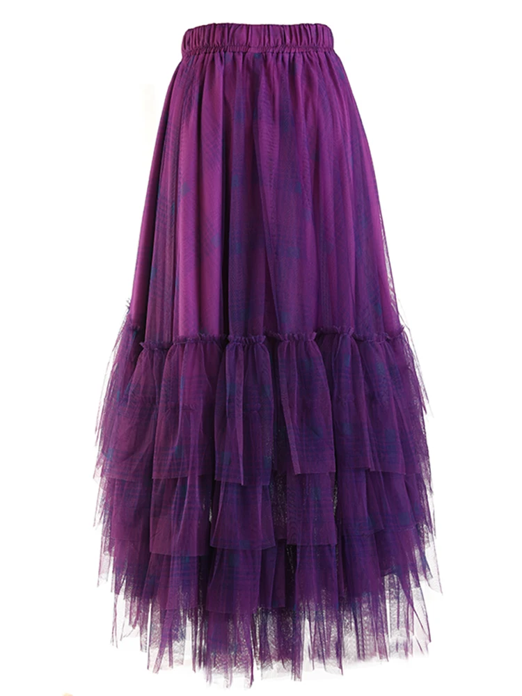 TWOTWINSTYLE Plaid Irregular Skirt For Women High Waist A Line