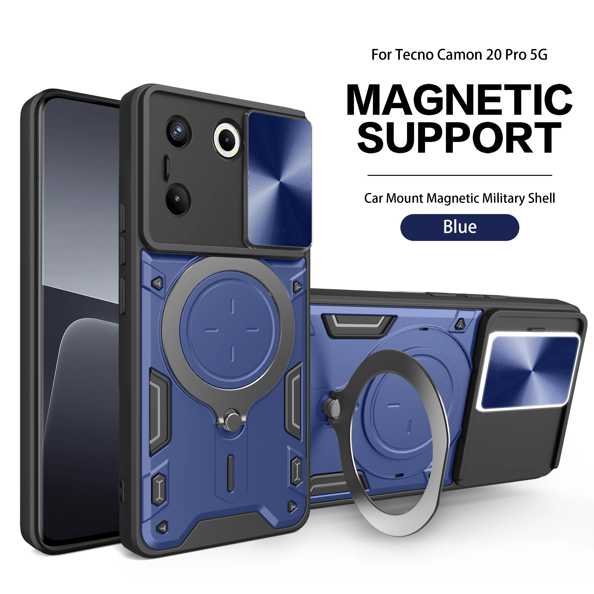 Heavy Duty Rugged Armor Phone Case with Magnetic Bracket and Slide Camera Protection Cover