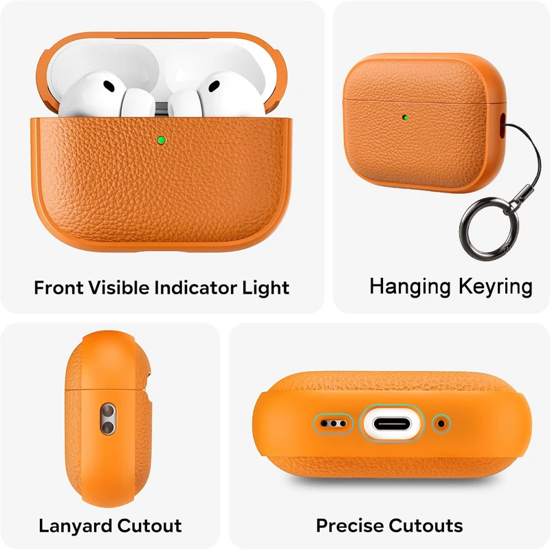 Leather-Texture Shockproof Earphone Case with Keychain