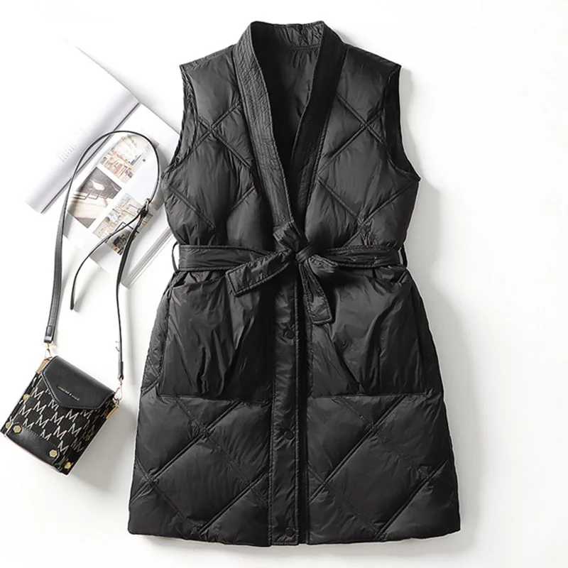 SEDUTMO Autumn Long Quilted Duck Down Vest Tunic Jacket Women Winter Feather Long Warm Basic Pocket Casual  Waistcoat ED2074