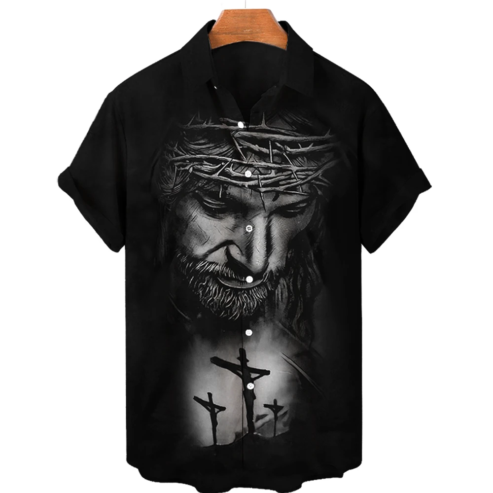 thumbnail image 1 of Camisetas gráficas de Jesucristo para hombres, ropa con estampado 3D, camisas hawaianas de playa, camisetas de manga corta Y2K, ropa vintage, blusa con solapa, 1 of 5