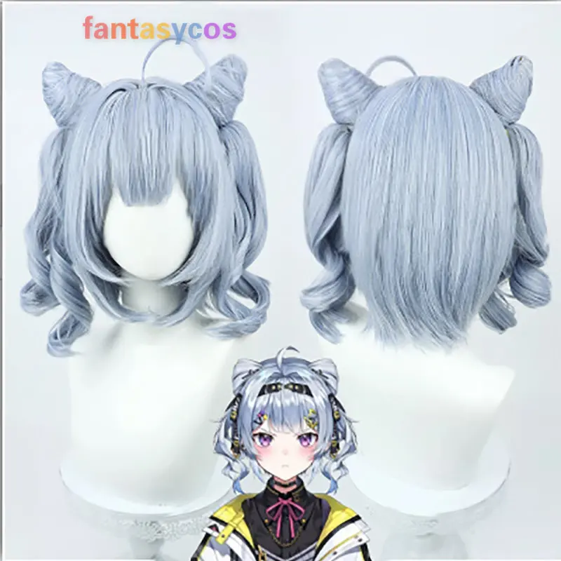 

Hololive Vtuber Zaion LanZa Cosplay Short Curly Blue Mixed Ponytails Heat Resistant Hair Halloween Role Play Party Wig + Wig Cap