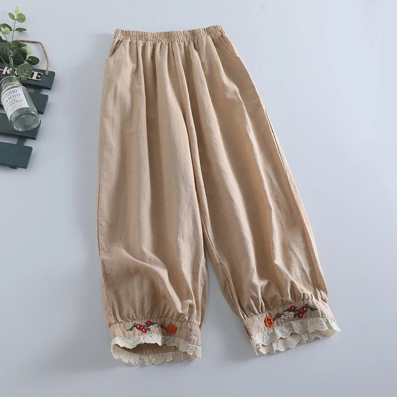 Japan Style Mori Girl Sweet Embroidery Cotton Linen Haren Pants Women Casual Loose Elastic Waist Trousers