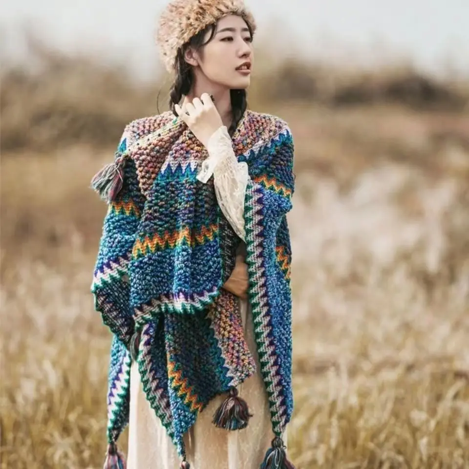 

Winter Capes Cardigan V Neck Lady Capes Ethnic Autumn Cloak Knitting Bohemian Tassel Lady Poncho Colorful Women Knitting Poncho