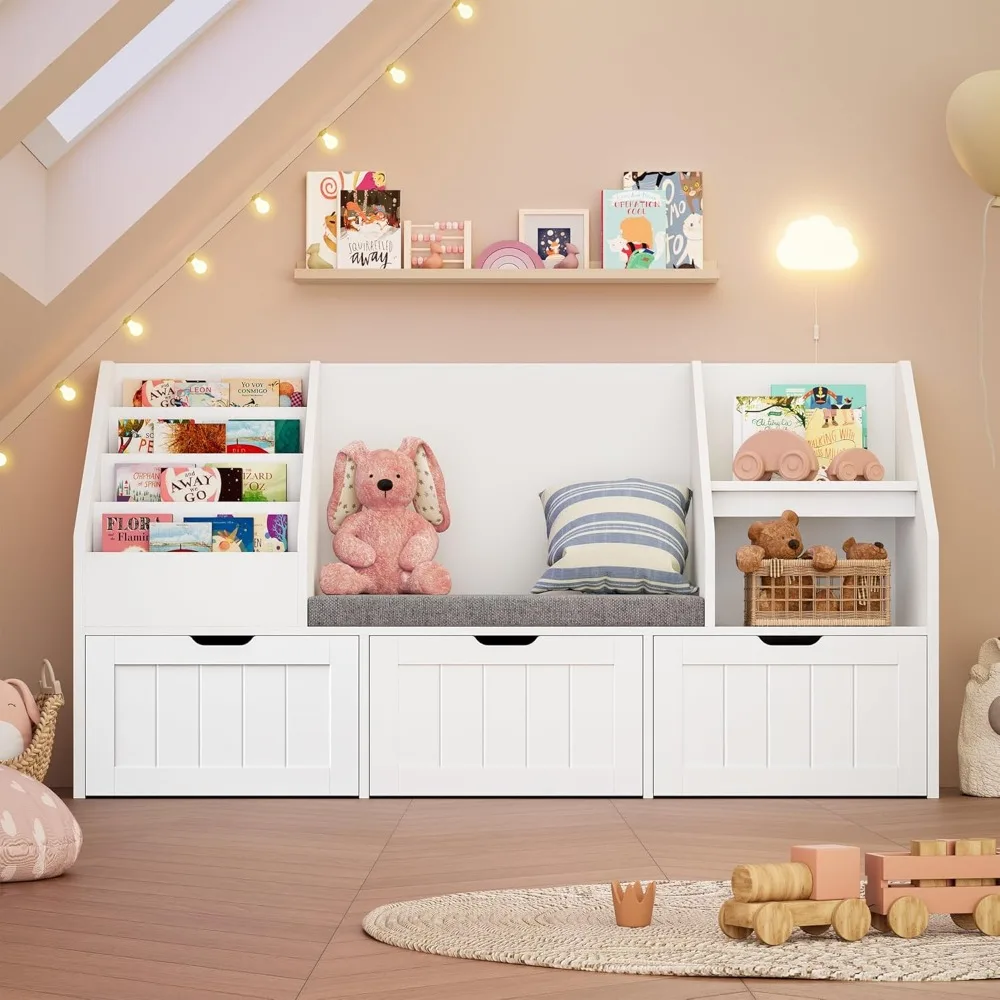 55.1’’ Kids Bookshelf with Reading Nook, Toy Storage Organizer with Seat Cushion and 3 Movable Drawers, Kids Reading Nook 5