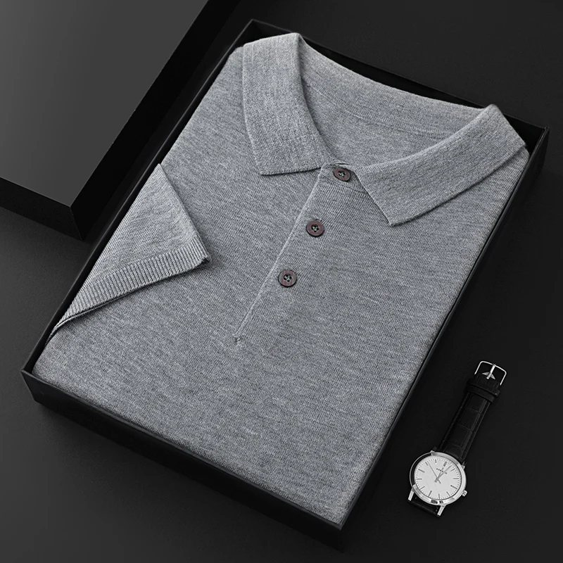 

Men's T-shirt summer worsted wool sweater short-sleeved casual solid color men's clothes POLO collar knitted Tops loose Blouse