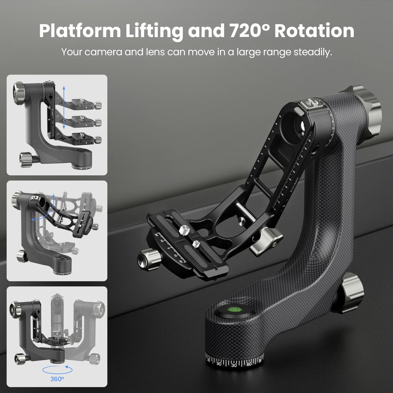 EVUMO P8 Professional Gimbal Head Video Tripod Monopod Head Max Load 15kg 720&deg; Panoramic Rotation for Heavy Long Lens QR Plate
