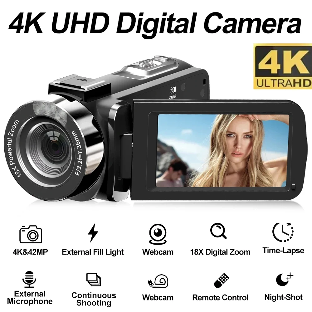 4K-Digitalkamera für Fotografie und 18-fachen Digitalzoom, 42-MP-WLAN-Webcam, kompakte Vlogging-Kamera, 3-Zoll-270°-Klappbildschirm-Recorder_voghion.com
