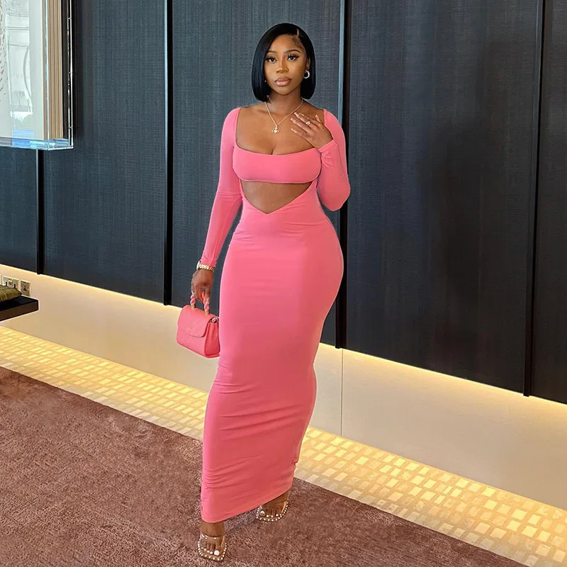 

Bodycon Dress Party Black Y2K Women Dresses Elegant Club Midi 2023 Summer Autumn Sexy Hollow Out Long Sleeve
