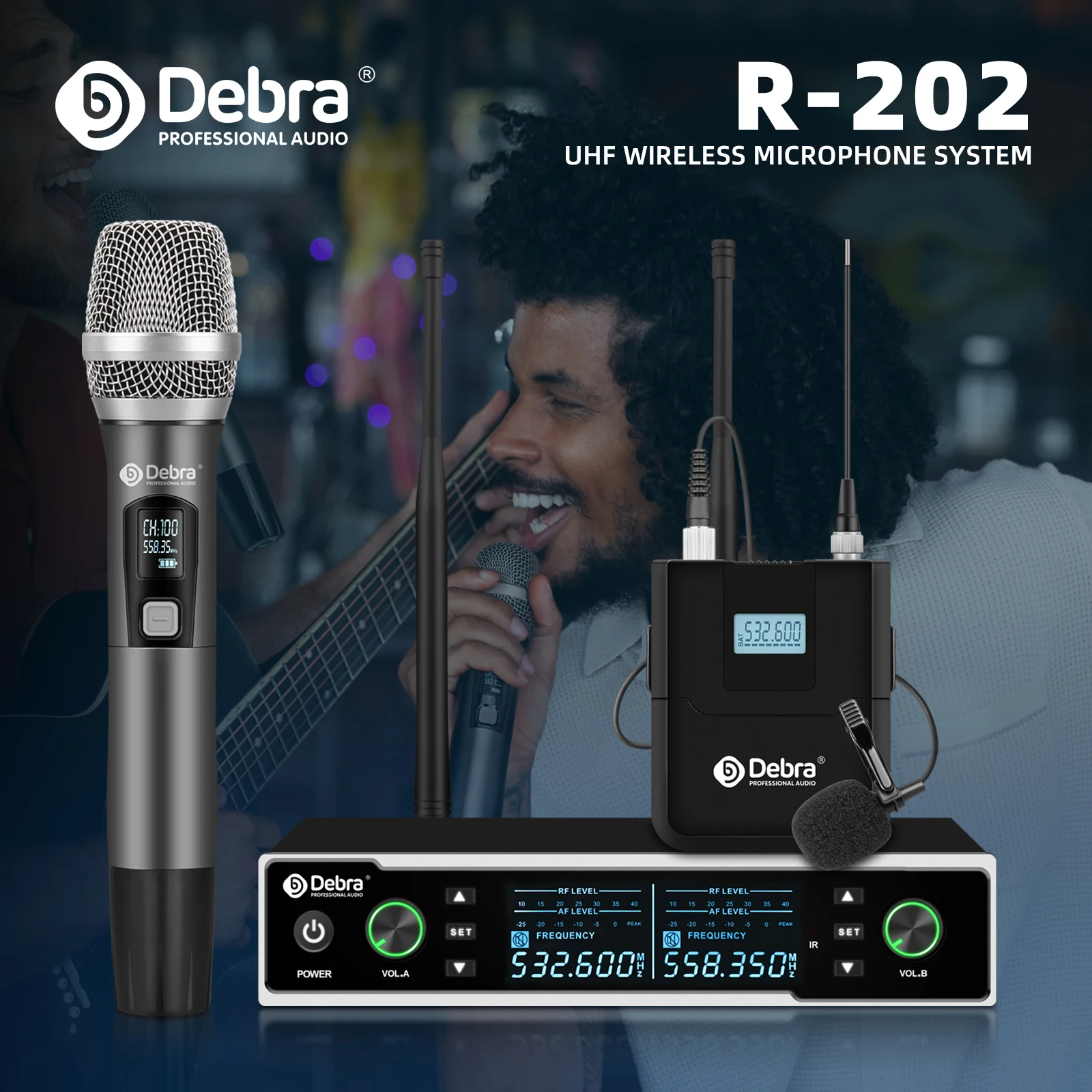 데브라 UHF 무선 마이크 시스템 530-580MHz - 30mW 핸드헬드 및 수신기(자동 주파수 스캔, LCD 디스플레이 포함) 무대/노래방/라이브 방송용