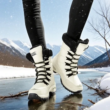 أحذية الثلوج الفراء المريحة للنساء بطانة دافئة أحذية مضادة للانزلاق تصميم أنيق لمغامرات الشتاء أحذية الثلوج منصة مقاومة للماء 4