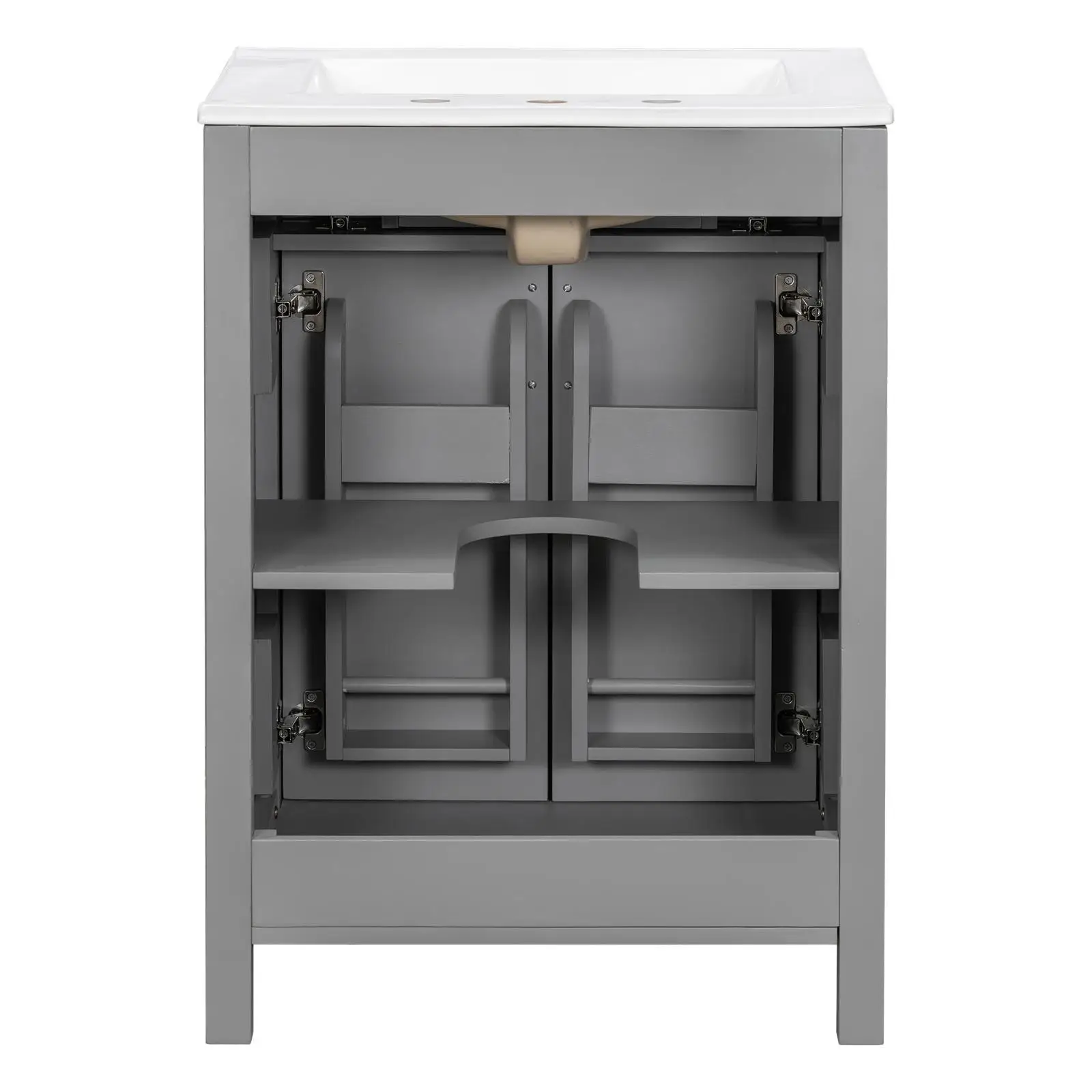 Grey Solid Wood Bathroom Vanities Ceramic Sink Combo Space Saving Doors Cabinet Set for Small Contemporary Bathrooms