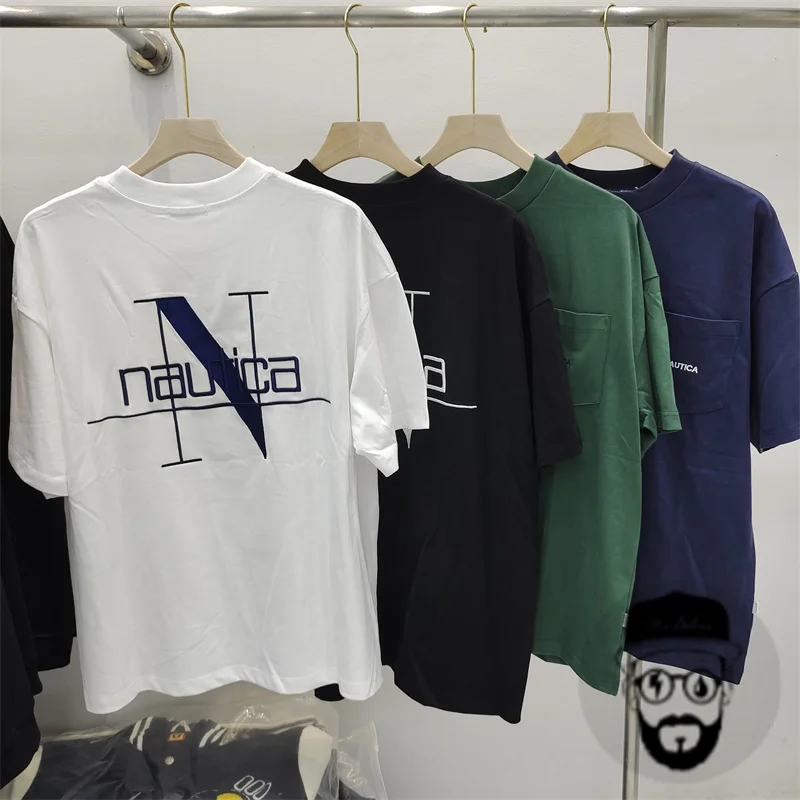 

Free shipping heavyweight Nautica embroidered round neck short sleeved T-shirt for men's casual loose fit large size